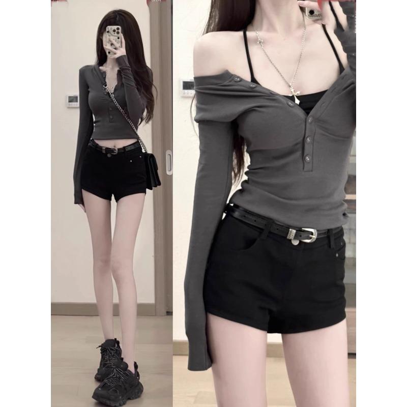 

Рубашка с длинным рукавом и открытыми плечами Spice Girl Женская весенняя облегающая однобортная футболка Топ Низ Рубашка Прилив XL темно-серого