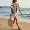Damenmode Bedrucktes kurzärmeliges Baumwoll-Leinen-Henley-Shirt mit Knopfleiste und Brusttasche für Freizeitkleidung