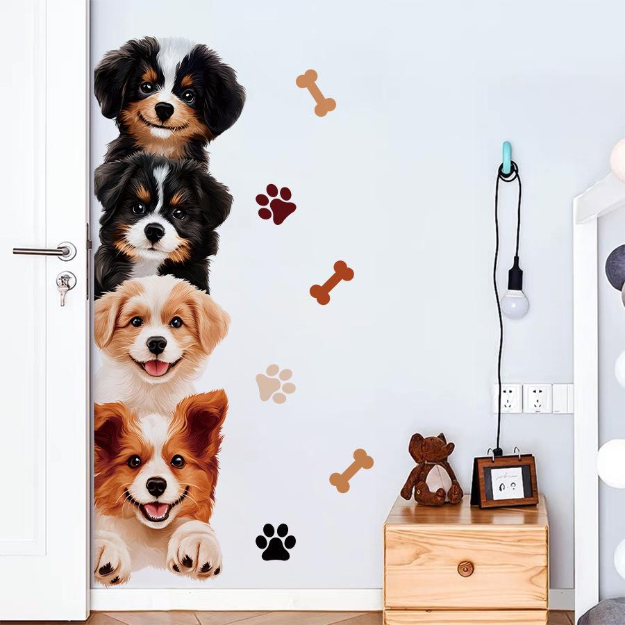 Kawaii Dog Stack & Paw Print Wall Stickers Removable Closet Door Living Room Decal