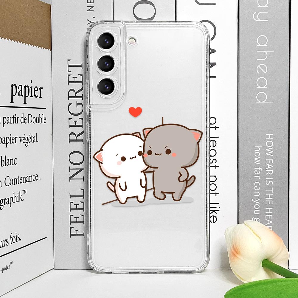 Funny Cartoon Peach Mochi Cat Phone Case for Samsung Galaxy S24 S23 S22 S21 S25 Ultra Plus FE 5G Clear Soft Covers Couple Fundas