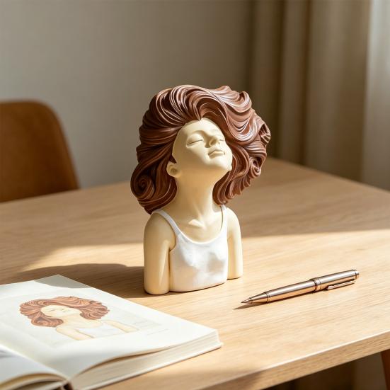 Braunhaariges lockiges Mädchen Header Figur Harzkopf Büste Skulptur für Schlafzimmer Wohnzimmer Heimbüro Schreibtisch Regal Dekoration