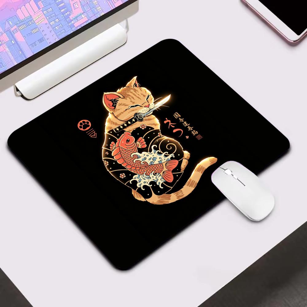 Japan Samurai Cat Mouse Pad 18X22 Small Laptop Computer Office Table Mats PC Gaming Esports MousePad HD Non-Slip Rubber Desk Mat