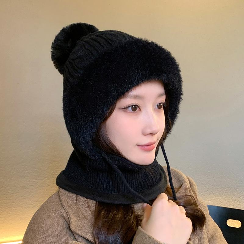 New Plush Hat Women's Winter Mask Scarf Integrated Knitted Hat Warm Plush Pullover Hat Cold Protection Ear Hat