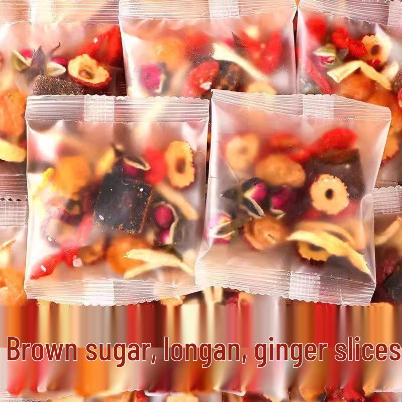 Brown Sugar Ginger Tea Sampler: Red Date, Longan, Goji Berry, Rose, Black Sugar, and Ginger Date Tea with Ginger Candy.