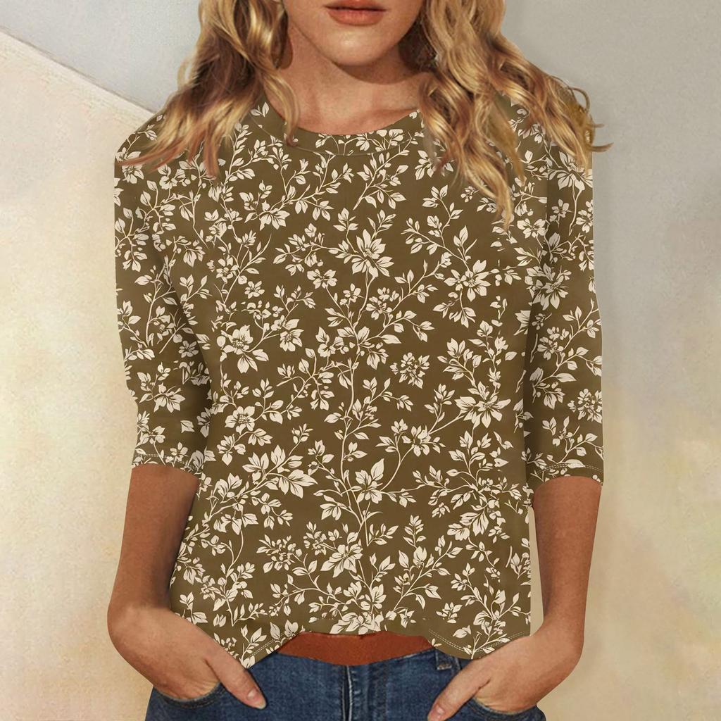 Women's Fashion Casual Three-quarter Sleeve Vintage Floral Print Round Neck Top