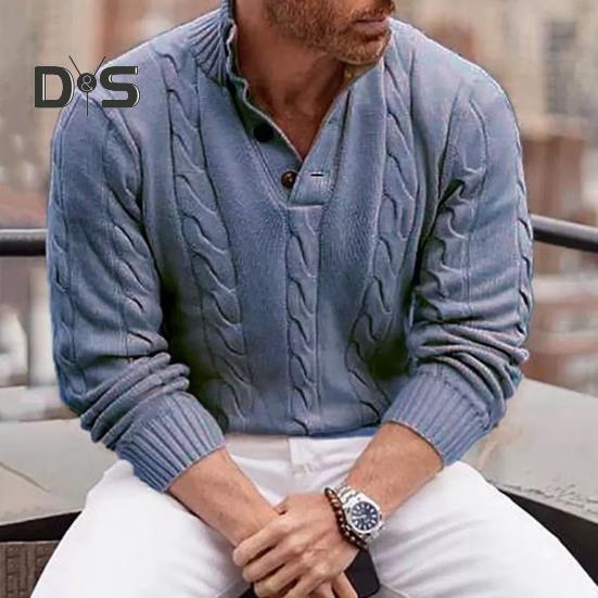 Fall Winter Men Sweater High Collar Neck Protection Buttons Knitted Thickened Pure Color Long Sleeves Pullover English Style Sweater
