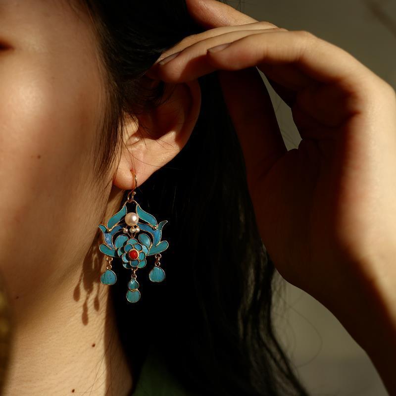 Cloisonne Imitation Emerald Earrings, Long Gold Plated Pearls, Palace Museum Emerald Style, Simple Chinese Style, Ancient Style Earrings