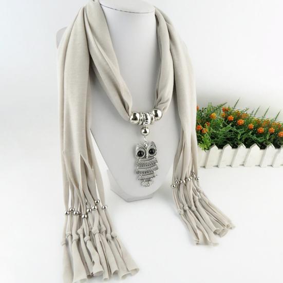 Langer Fransen-Schal für Damen, einfarbig, Retro-Eulen-Anhänger-Halskette, Schal, Kostüm-Accessoires