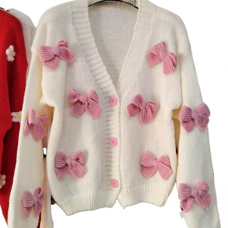 2026 Womens V-Neck Knit Cardigan Loose 3D Bow Sweater Coat Soft Warm Winter