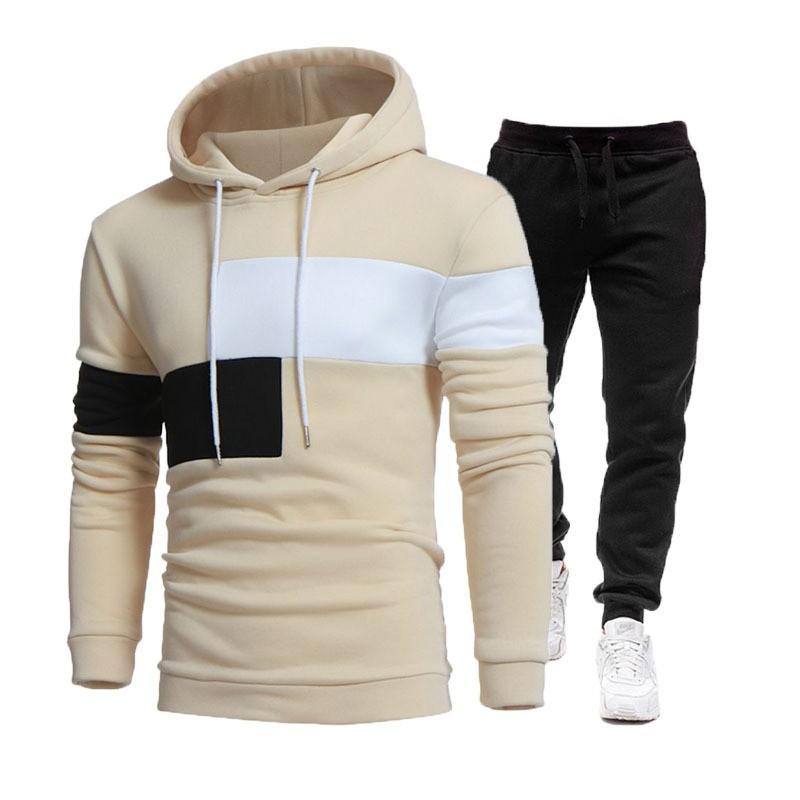 

Men s Stitching Hoodie Sweater Suit Three Stitching Casual Sports Sweater Two-piece Suit L бежевий