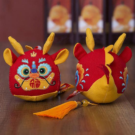 Cute Zodiac Dragon Plush Pendant with Tassel Folk Art Embroidery Pattern Stuffed Animal Mascot