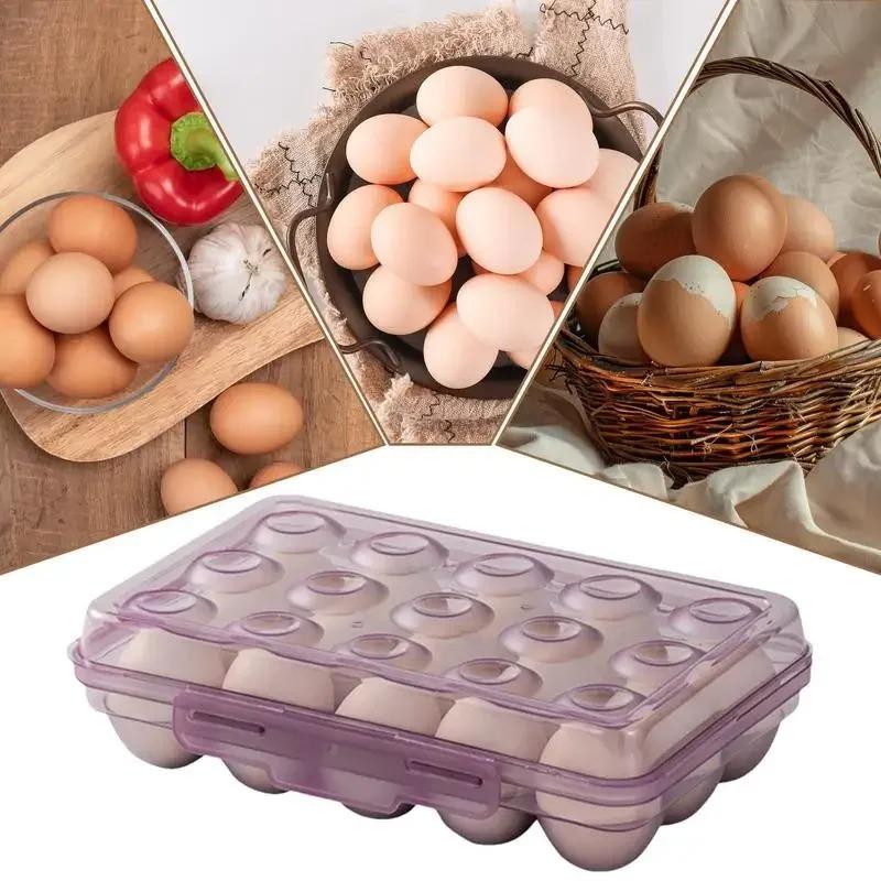 Portable Egg Storage Box with Lid, Durable Plastic Anti-Collision Egg Tray, 6/15/24 Grid Space-Saving Fridge Egg Holder