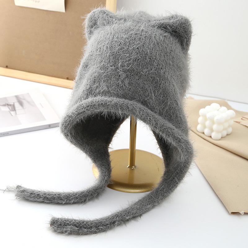 New Rope Cute Cat Ears Knitted Hat Autumn and Winter Warm Ear Protection Hat Fashionable Face Small Wool Hat