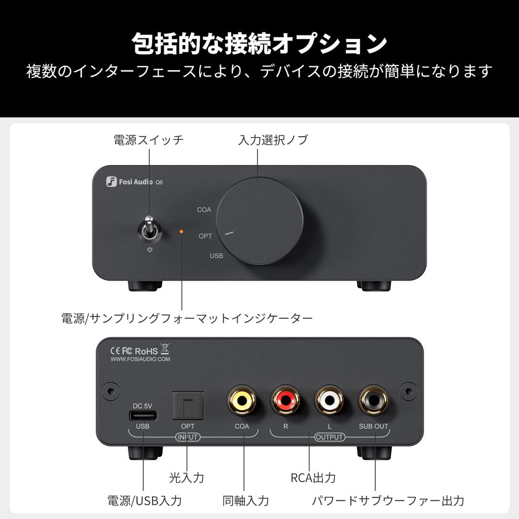 Fosi Audio Q6 Mini Desktop Audio Converter for Home Stereo Amplifiers and Headphone RCA kHz Japanese Instruction Manual DAC, USB-C Digital-to-Analog