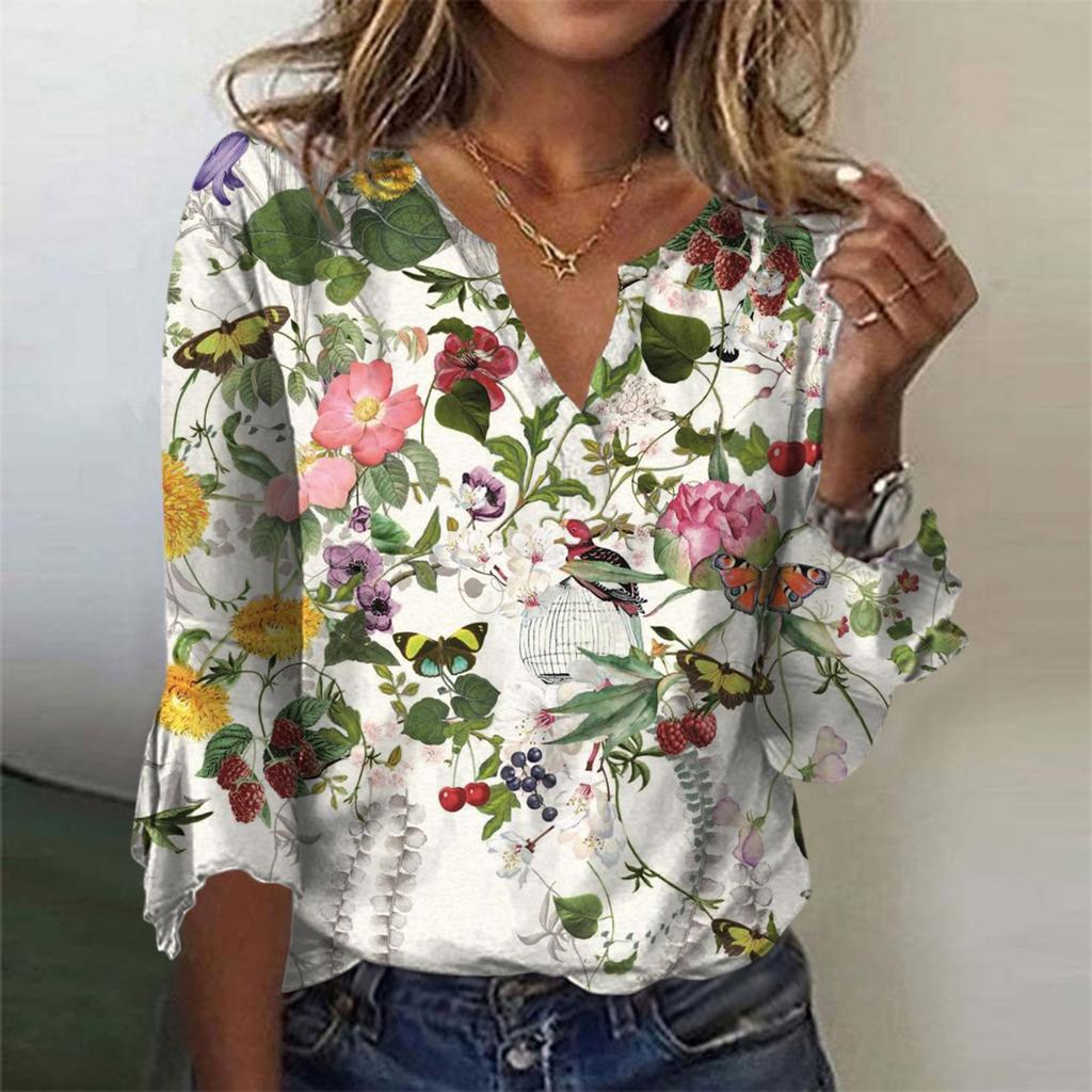 Women's Top Loose Casual V-neck Printed Blouses Bell 3/4 Sleeve T-shirt