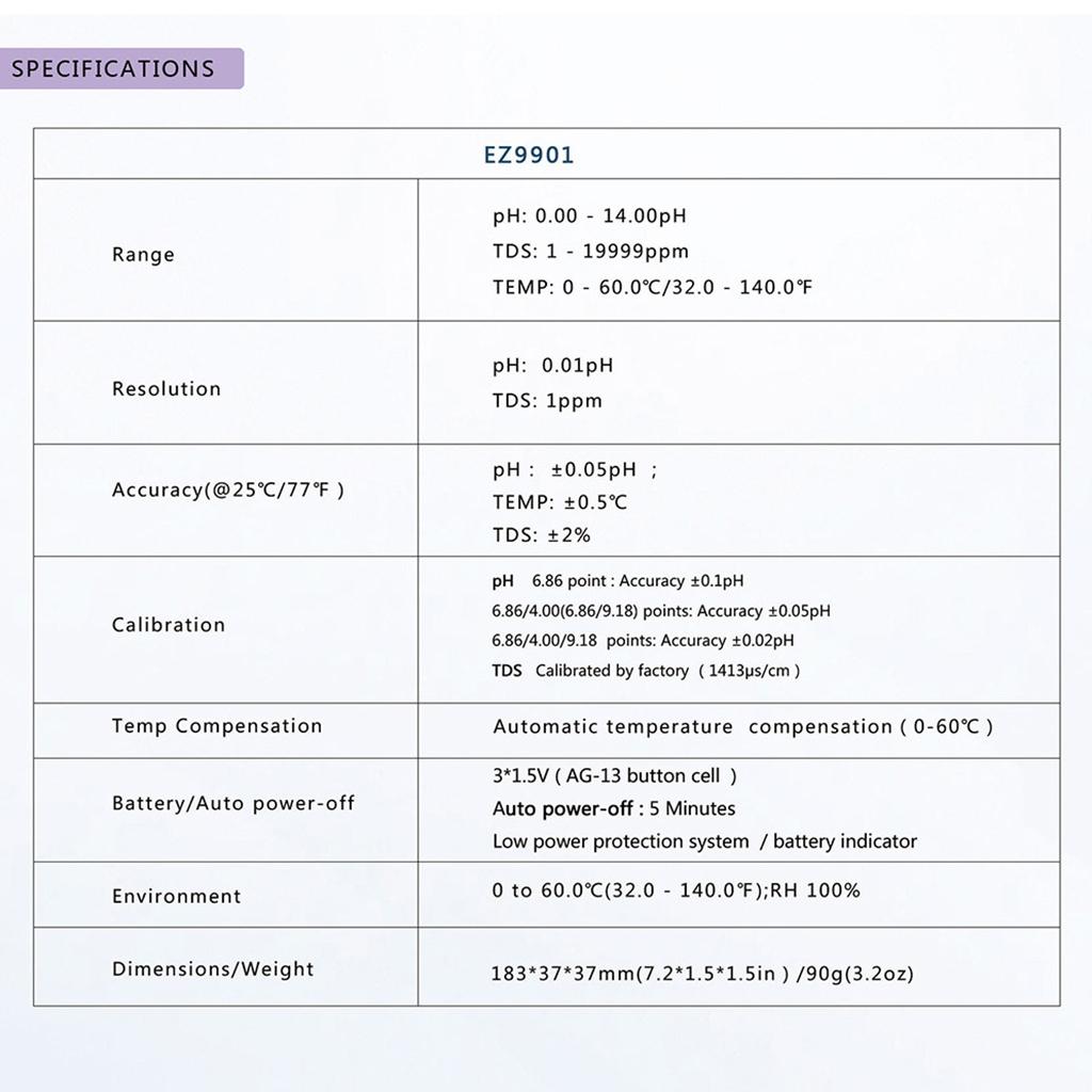 EZ9901 Digital TDS Meter 3 In 1 TDS/PH&TEMP Tester Pen Handheld Water Quality Tester Water Purity Test Tool for Pool