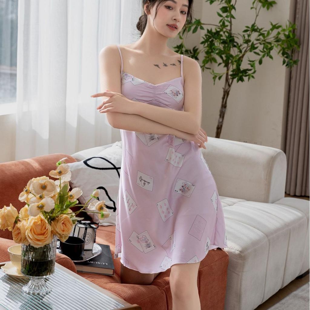 [Crystal Card] Celebrity Dreamy Pink Romantic Home Sexy Ice Silk Spaghetti Strap New Pure Nightdress