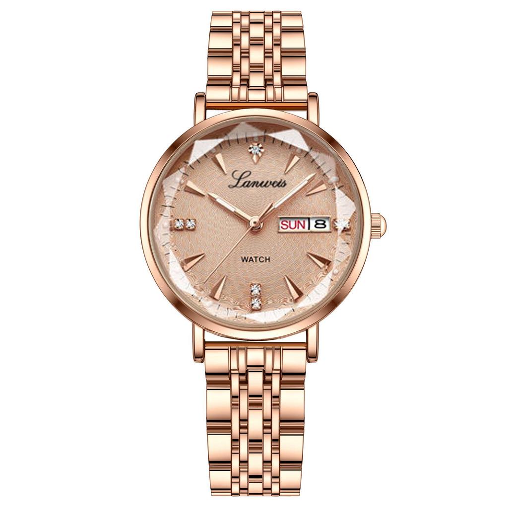 Swiss English-Chinese Women's Watch: Fashionable Butterfly Buckle, Luminous, Waterproof, Stainless Steel Band, Calendar Feature.