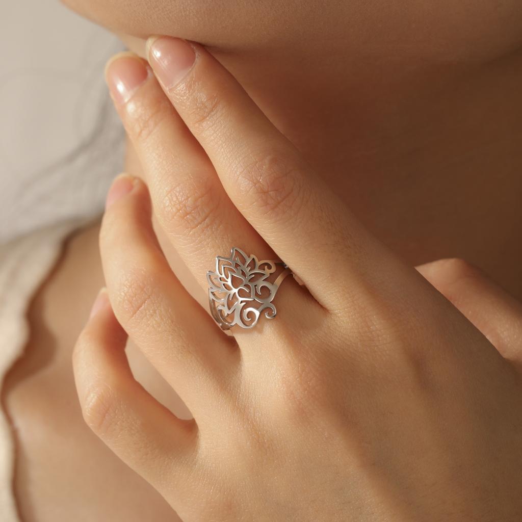 Retro Lotus OM Symbol Open Ring Stainless Steel Women's Buddhist Adjustable Talisman Couple Anniversary Jewelry Gift