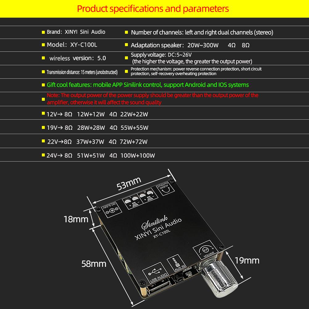 XY C100L 100W X 2 APP Controlled Bluetooth Stereo Subwoofer Module with Independent Bass Treble Adjustment Amplifier Board