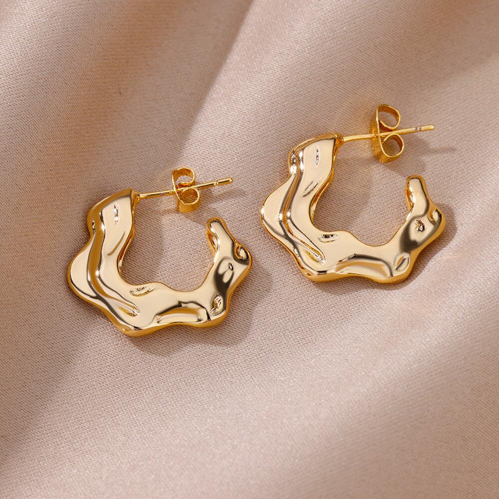 ZAKOL Irregular Wave C Shape Hoop Earrings Gold Color Stainless Steel Earring Birthday Anniversary Zircon Gift for Women
