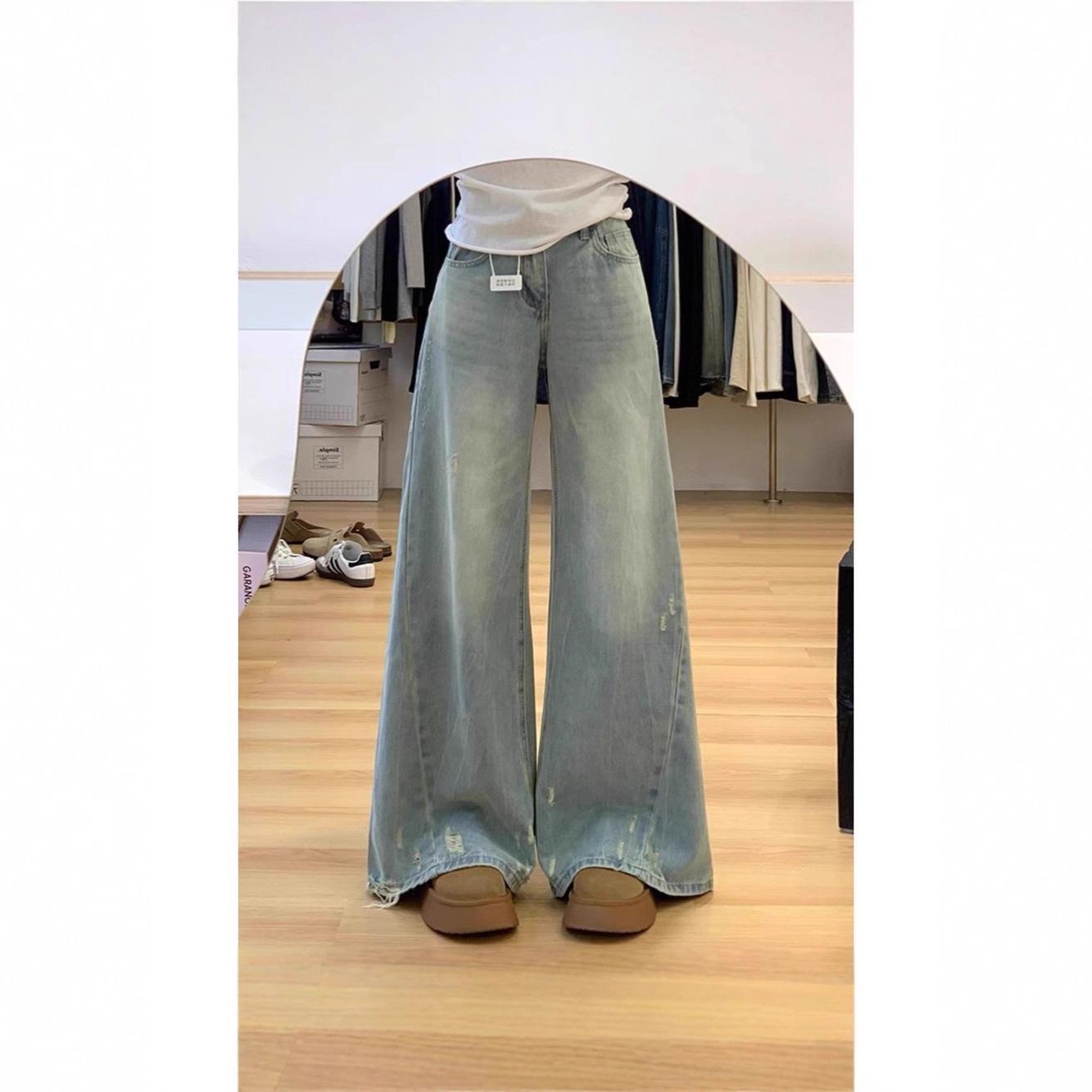 Women s Petite High-Waisted Ripped Light Blue Wide-Leg Jeans M