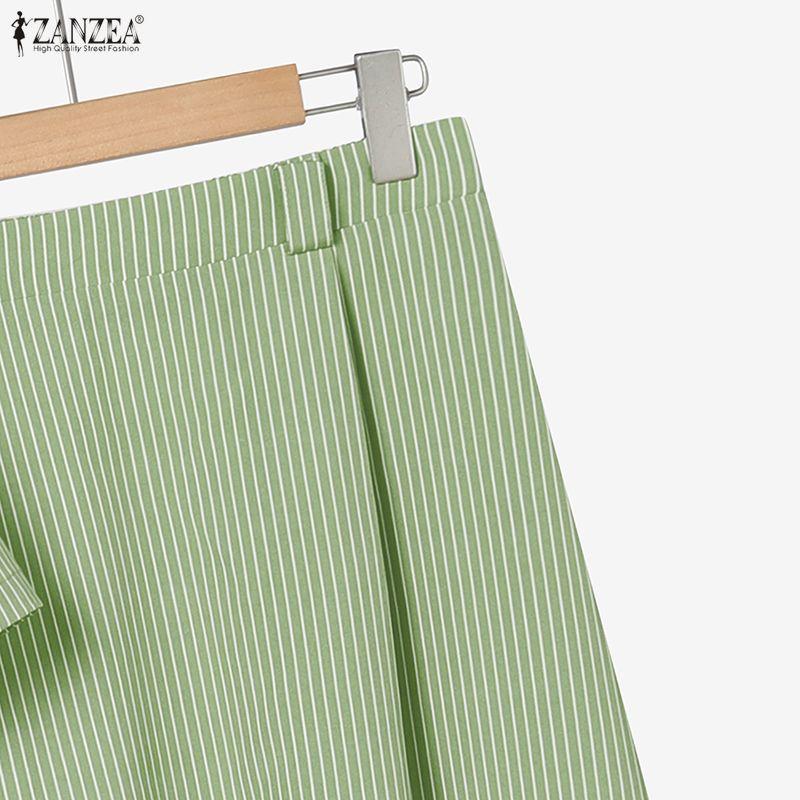 ZANZEA Women Short Sleeve Blouse and Long Skirts Casual Stripr Print Two Piece Sets