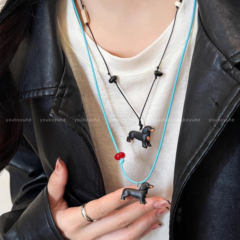Adorable Puppy Pendant Necklace with Removable Leather Rope - Versatile Long Clavicle Chain for Women