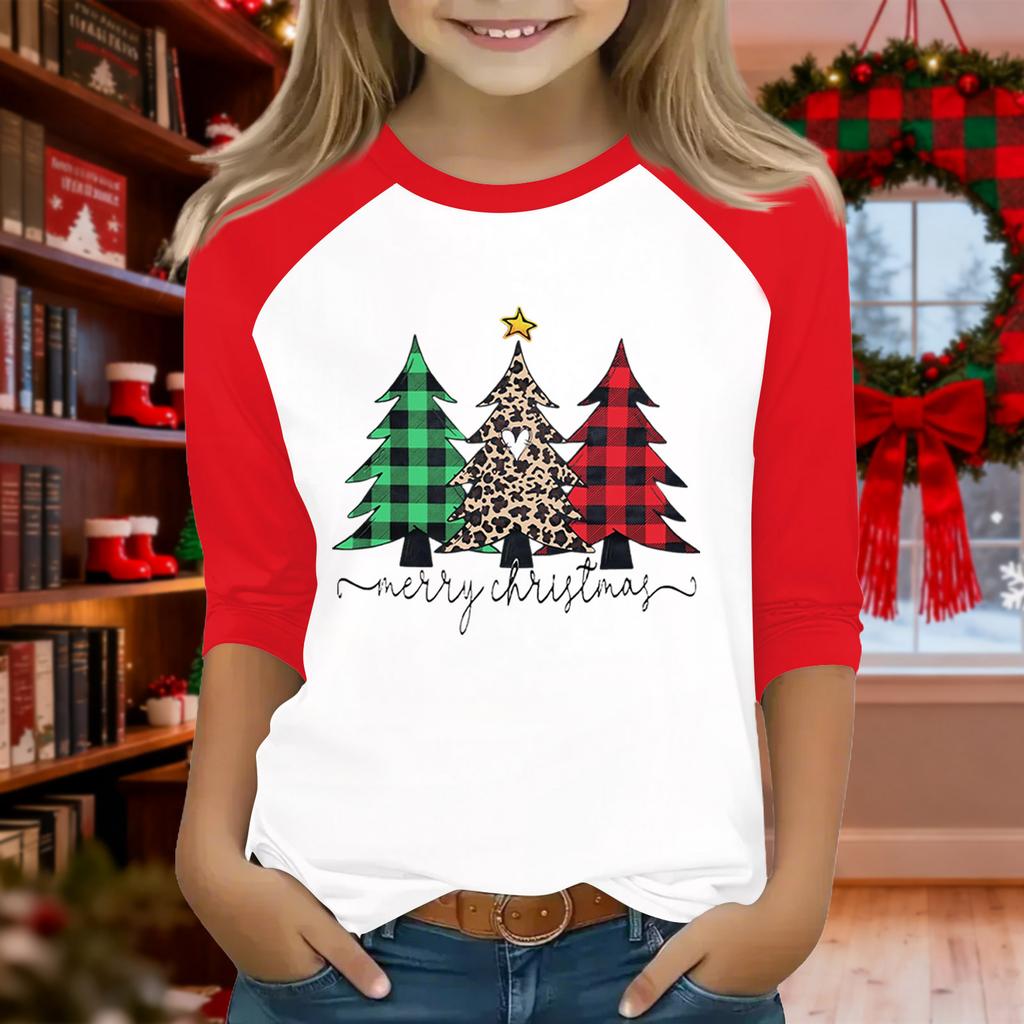 Oberteile für junge Mädchen 4-16 Jahre Rundhals 3/4-Ärmel T-Shirts Trendige Oberteile Outfit T-Shirts Weihnachtstag