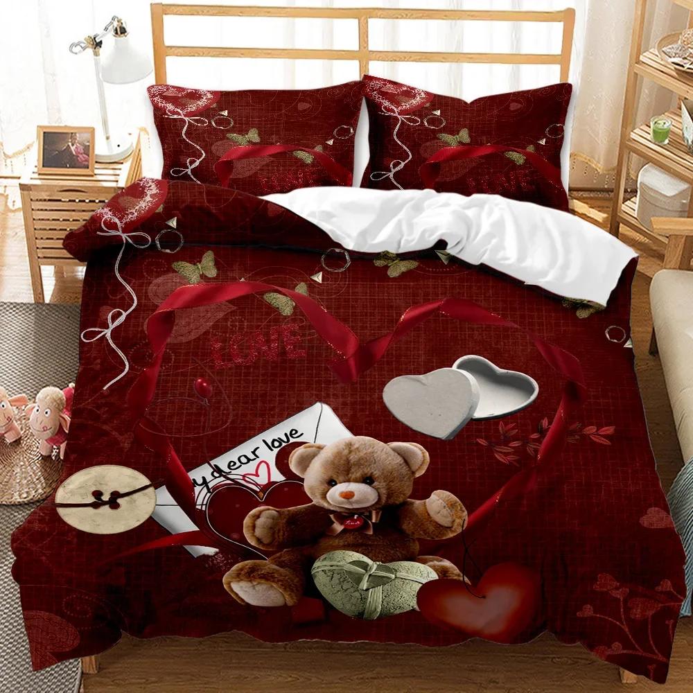 Festival Duvet Cover Set Valentine's Day Print Bedding Set Couple Romantic Polyester Quilt Cover for Lover Full Queen King Size