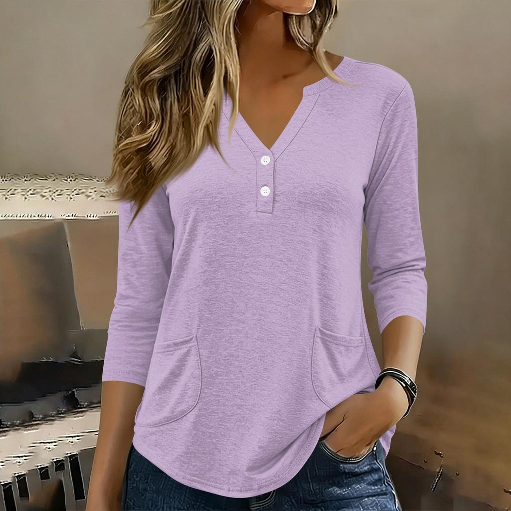 Womens 34 Sleeve V Neck Henley Pullover Top with Button and Front Pockets for Casual Daily Wear