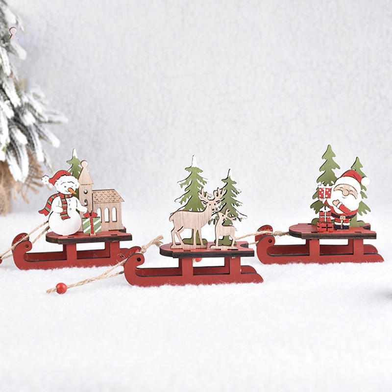 Cute Christmas Sledge Shape Ornaments DIY Wooden Santa Snowman Desktop Decor Holiday Xmas Tree Assembled Wood The Assembly Decoration