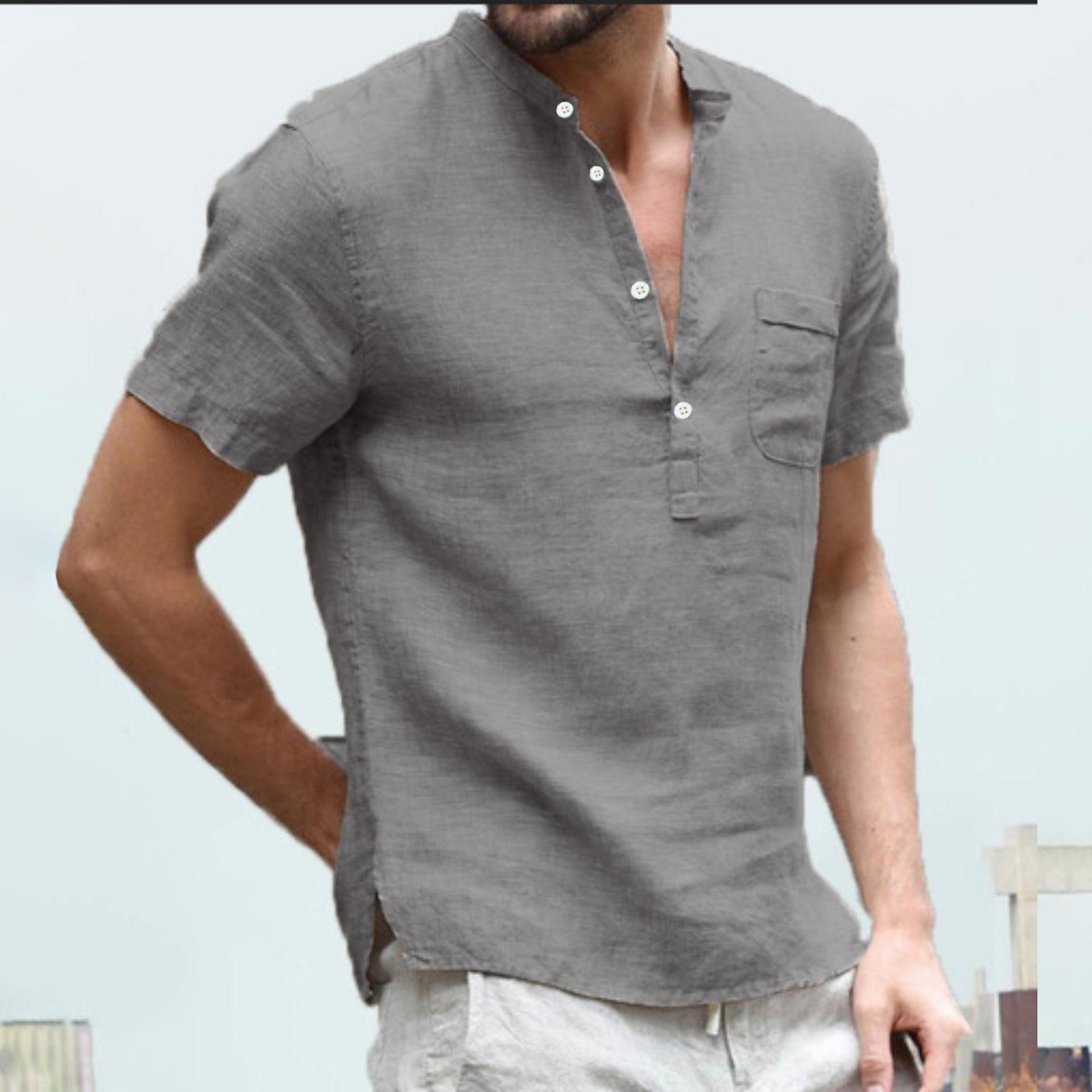 Men s Cotton Linen Short Sleeve Stand Collar Shirt S