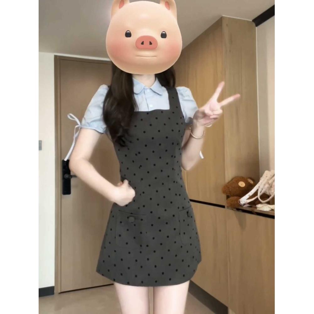 Gray polka dot camisole dress women's summer new pre-spring temperament casual women's waist suspender skirt vest skirt