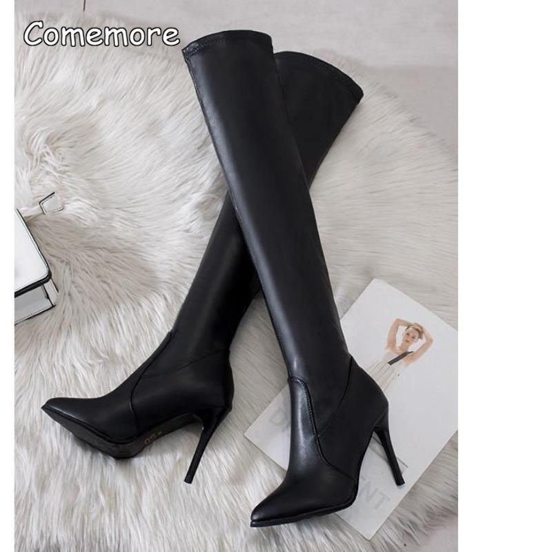 Тонкие Женские Черные Высокие Сапоги на Шпильке Женские Остроносые Сексуальные Кожаные Длинные Сапоги Размер 34-40 Bottes Hautes Femme 40 чёрный 3330₽