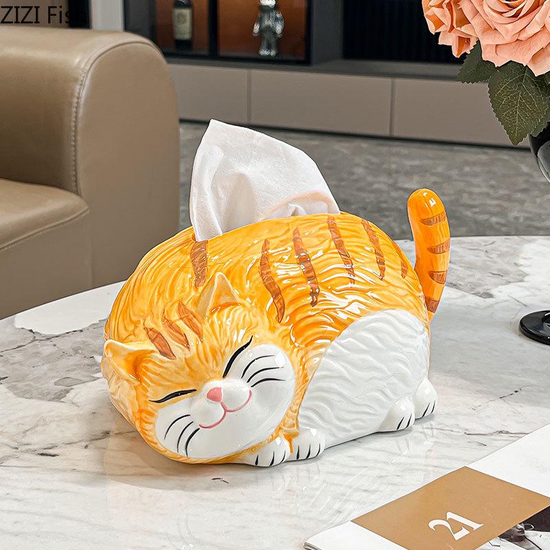 Lovely Cartoon Ginger Cat Ceramic Tissue Box Coffee Table Desk Decoration Creative Tissue Box Bedside Table Paper Towel Case