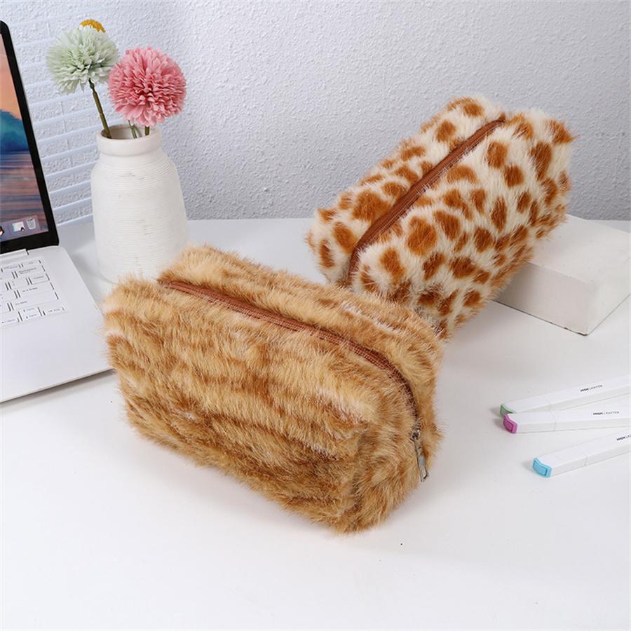 Leopard Soft Plush Travel Cosmetic Lipstick Brush Storage Bag Toiletry Kit Women Makeup Handbags Organizer Pouch Bag Pencil Case