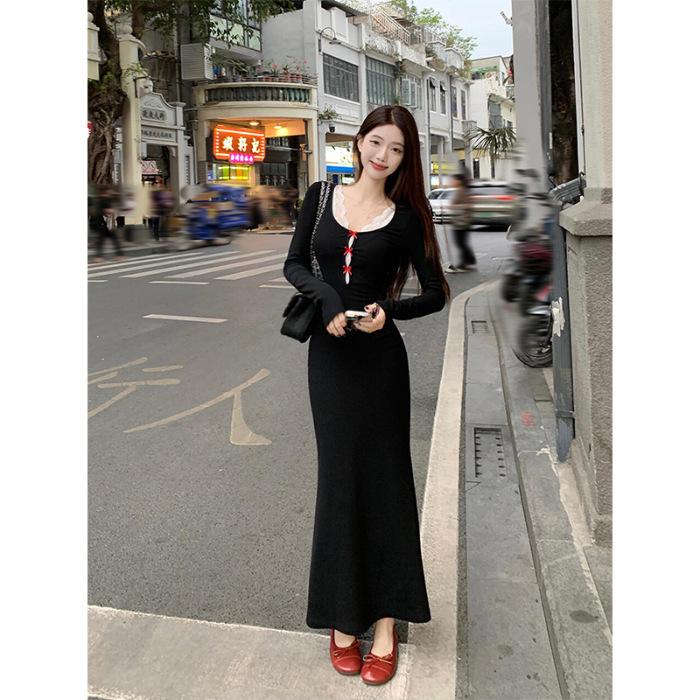 French sexy slim-fitting black knitted fishtail dress women s autumn and winter fishing dating dress with hip-wrapped long skirt inside S