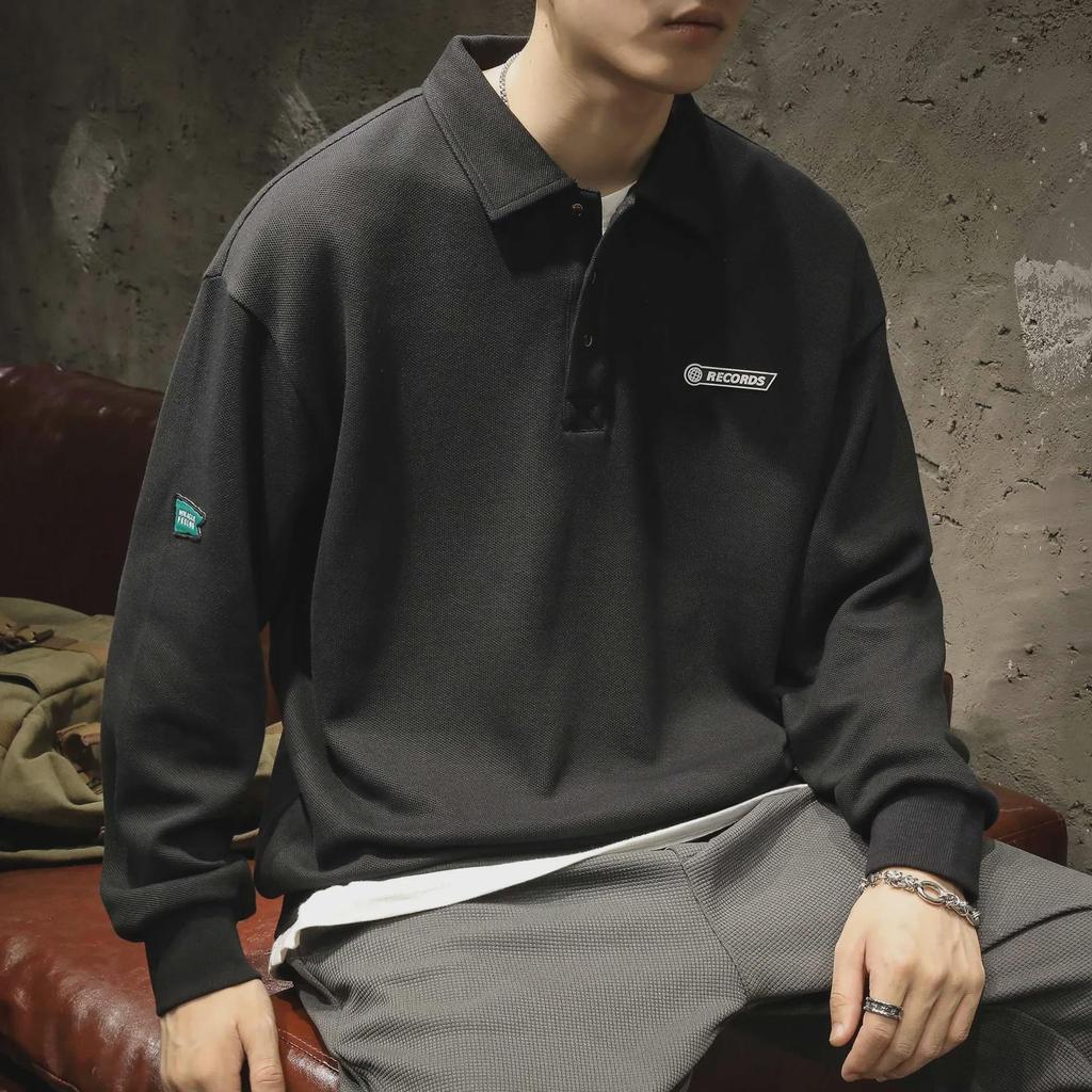 Men's White Chinese Cotton Polo Sweater: Long Sleeve, Velvet-Lined, Autumn/Winter.