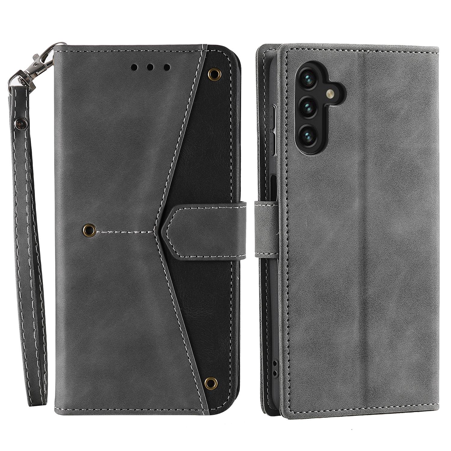 

For Samsung Galaxy A16 5G/A16 4G Leather Case Splicing Stitching Wallet Stand Phone Cover with Strap Grey