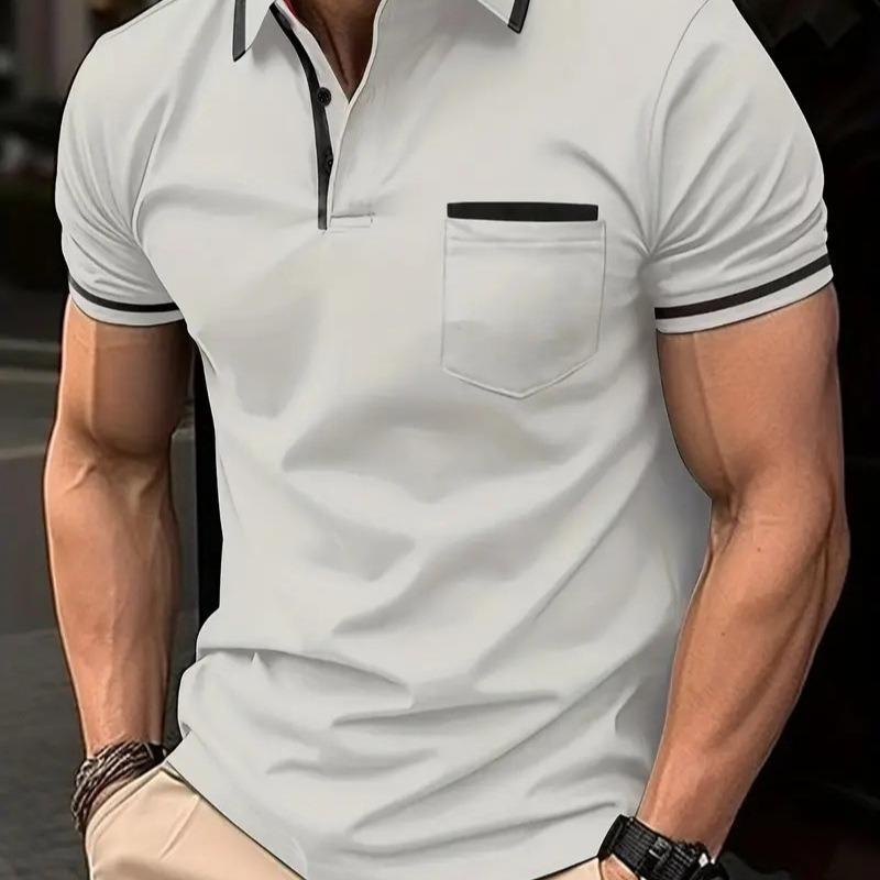 Men Casual Color Block Pocket Lapel Short Sleeve Polo Shirt