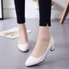 Single Shoes Women's Versatile Work High Heels Spring and Autumn Thick Heel Middle Heel Bow Patent Leather Nude Women's Rhinestone Single Leather Shoe