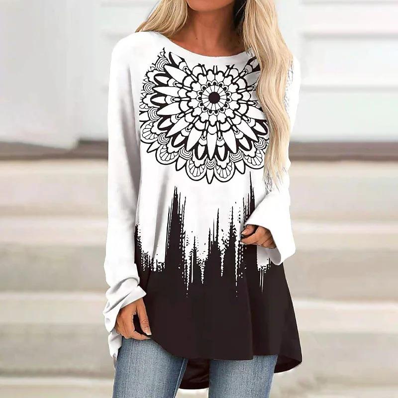 

Women s Hot Selling Printed Short Sleeved Round Neck Long Sleeved Loose Shirt S