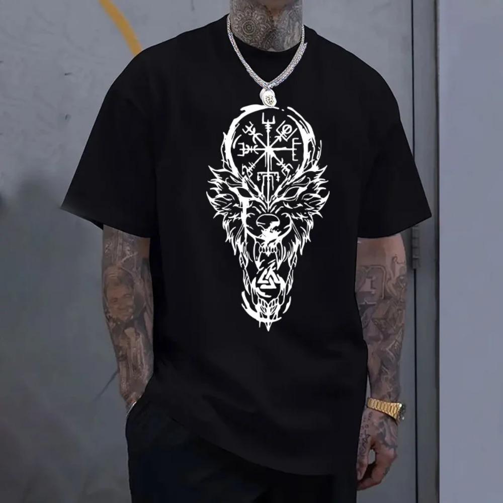 Men's casual T-shirt O-neck short sleeved top ancient crow wolf men's home outdoor comfortable soft T-shirt