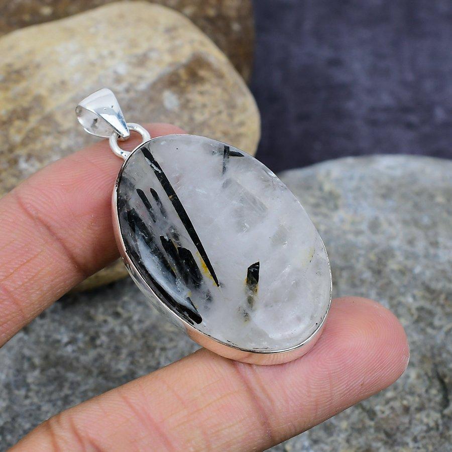 

Черный рутиловый драгоценный камень ручной работы 925 пробы Серебряный кулон, свадебные украшения