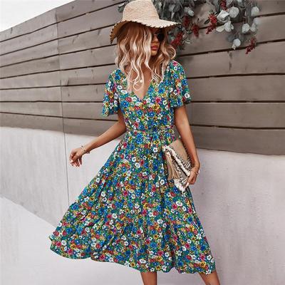 Primavera verão vestido floral feminino casual cintura alta com decote em v estampado S-XL