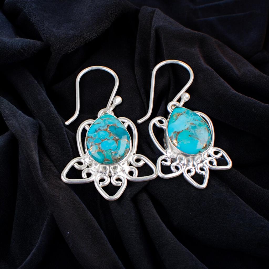 Blue Copper Turquoise Gemstone 925 Sterling Silver Trendy Jewelry Earrings 1.70" EE-40-36