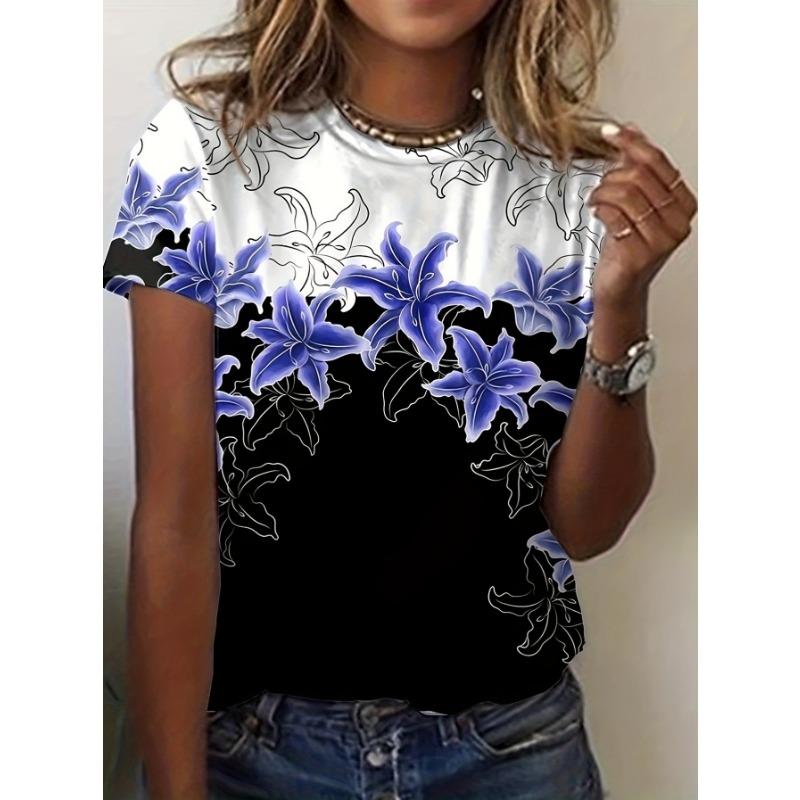 Summer Round Neck 3D Fashionable and Minimalist Print Top Fashionable Casual Short Sleeved Women's T-shirts