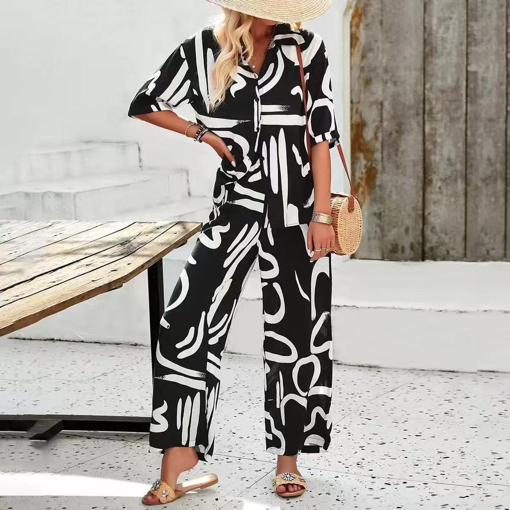 2026 spring and summer cross-border women's bohemian print shirt trousers set casual vacation style fashion two-piece set