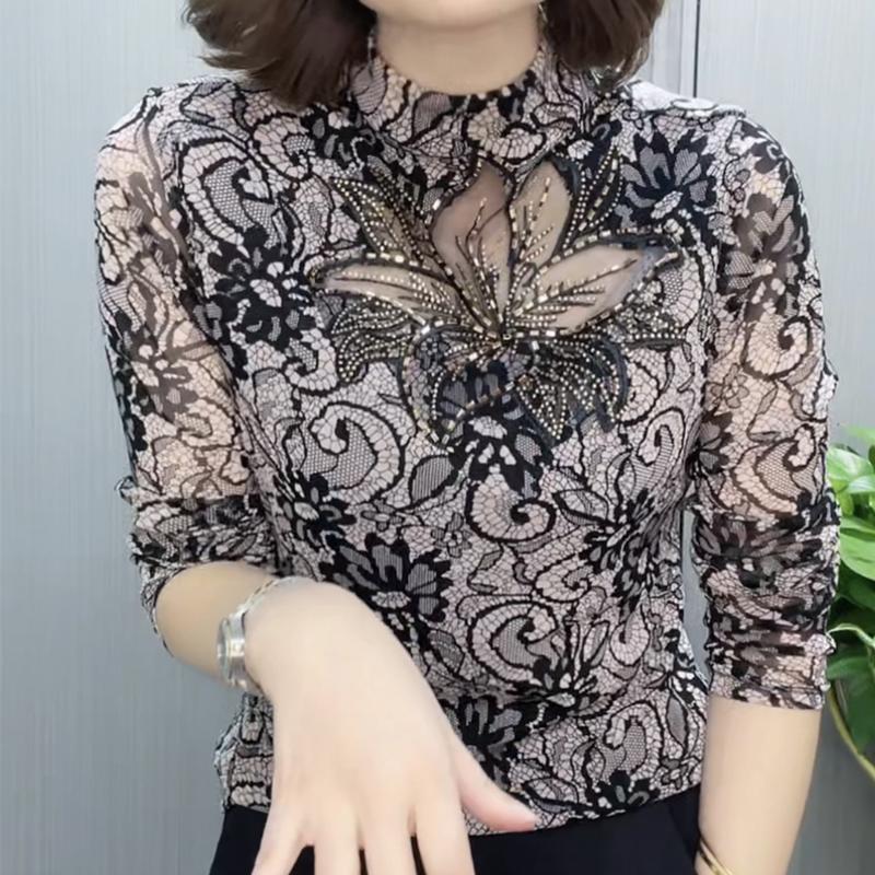 

Весенняя новая футболка с полувысоким воротом, вырезами и длинными рукавами для женщин, универсальный стильный топ со стразами 6XL